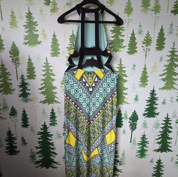 Vibrant Geometric Print Halter Cut Out Dress. - Picture 2 of 9